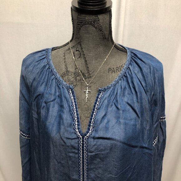 Appraisal Peasant Top Womens Size 2X Blue Chambray White Stitched Boho Shirt NEW - Picture 2 of 8